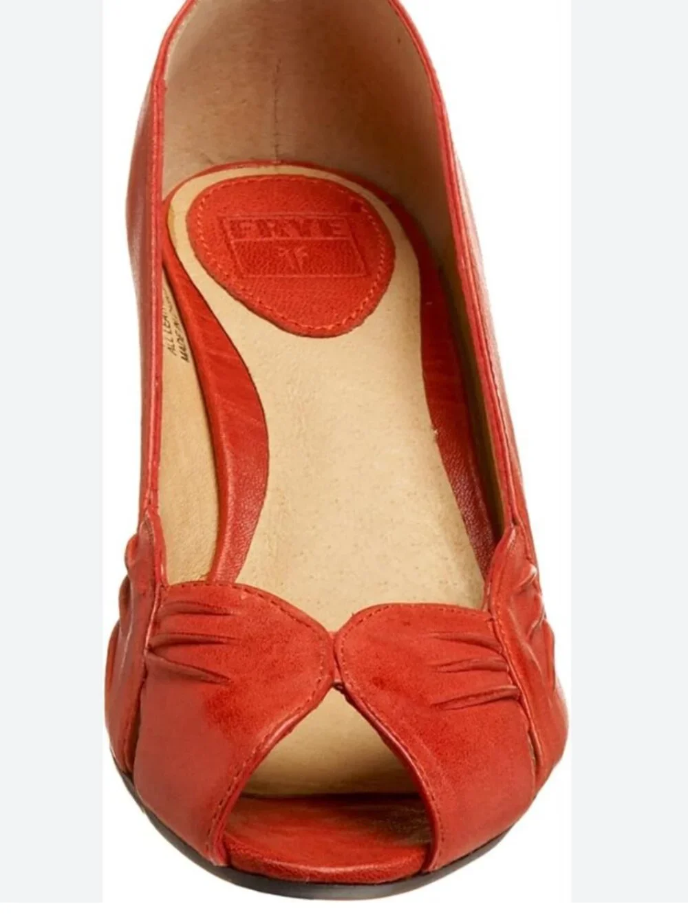 Frye Ada Pleats Peep Toe Pumps Coral Red Leather Kitten Heels Size 8 Vintage